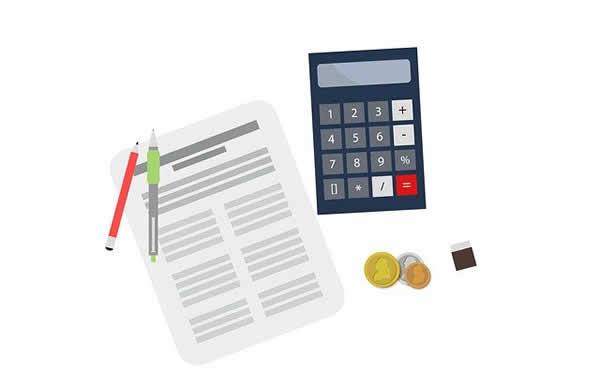 drawing of a calculator a document and pens